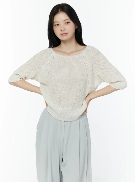 linen-half-sleeve-knit-tee-iu503 / Light beige