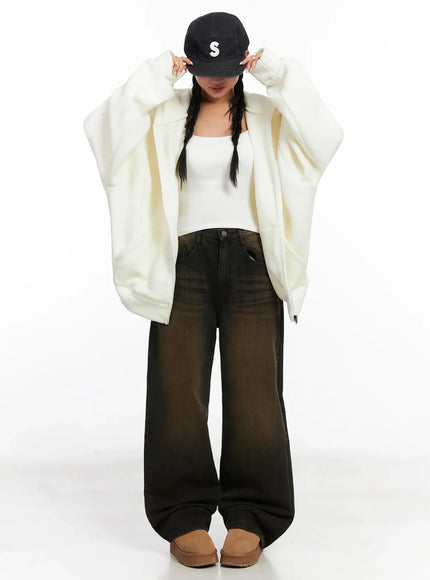 oversized-fleece-zip-up-hoodie-in528 / Light beige