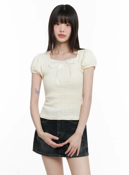 ribbon-puff-sleeve-tee-il531 / Light beige