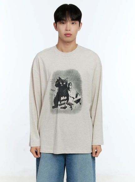 mens-cat-graphic-long-sleeve-t-shirt-ig515 / Light beige