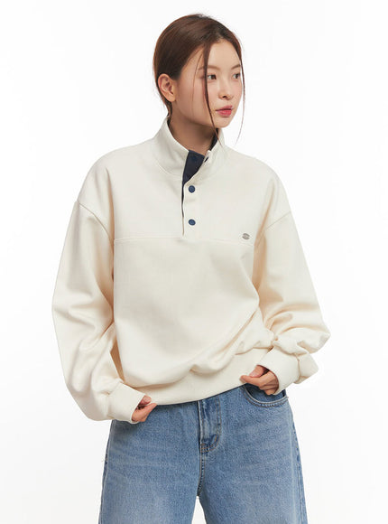 button-crew-neck-sweatshirt-im514 / Light beige
