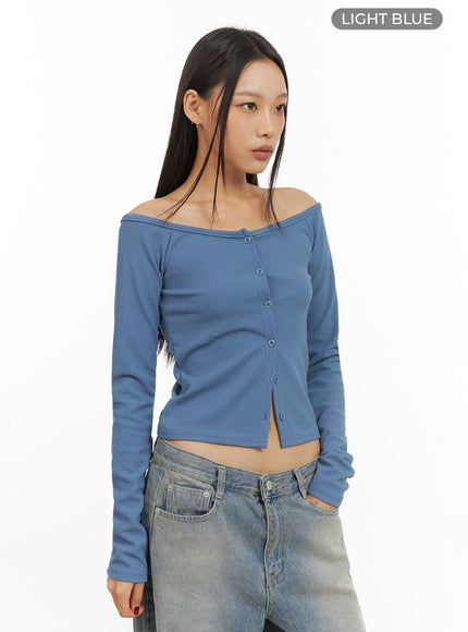 buttoned-off-shoulder-cotton-cardigan-is427 / Light blue