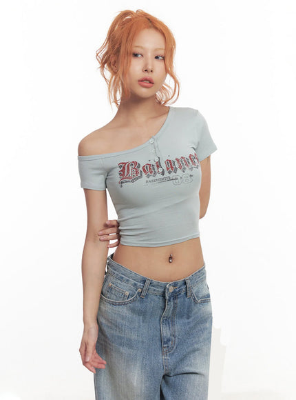 Graphic One-Shoulder Crop Top IA517