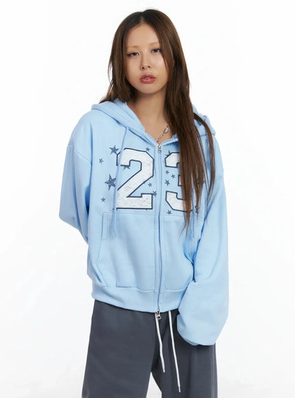 number-graphic-zip-up-hoodie-in528 / Light blue