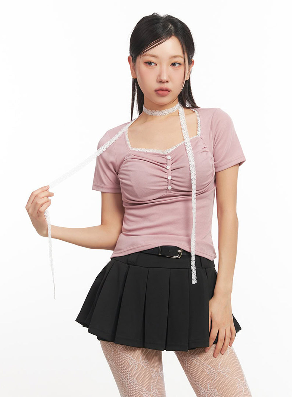 sweetheart-shirred-button-top-with-scarf-ia524 / Pink