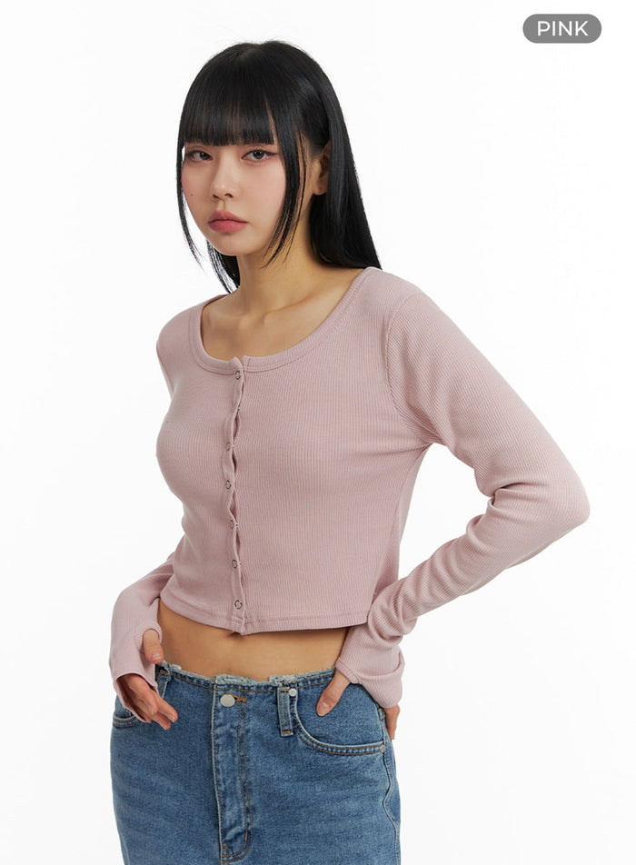 round-neck-buttoned-long-sleeve-top-im414 / Pink