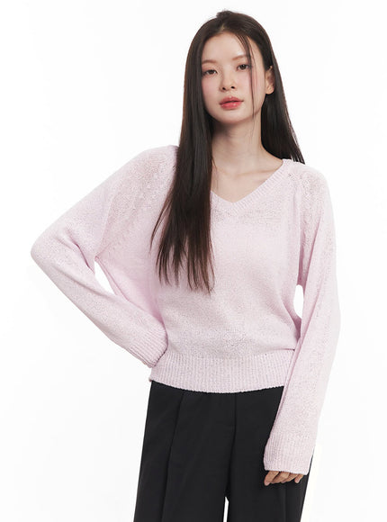 sheer-v-neck-sweater-top-iy509 / Pink