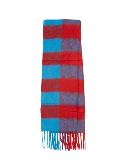 contrast-checkered-fringe-scarf-in513 / Red