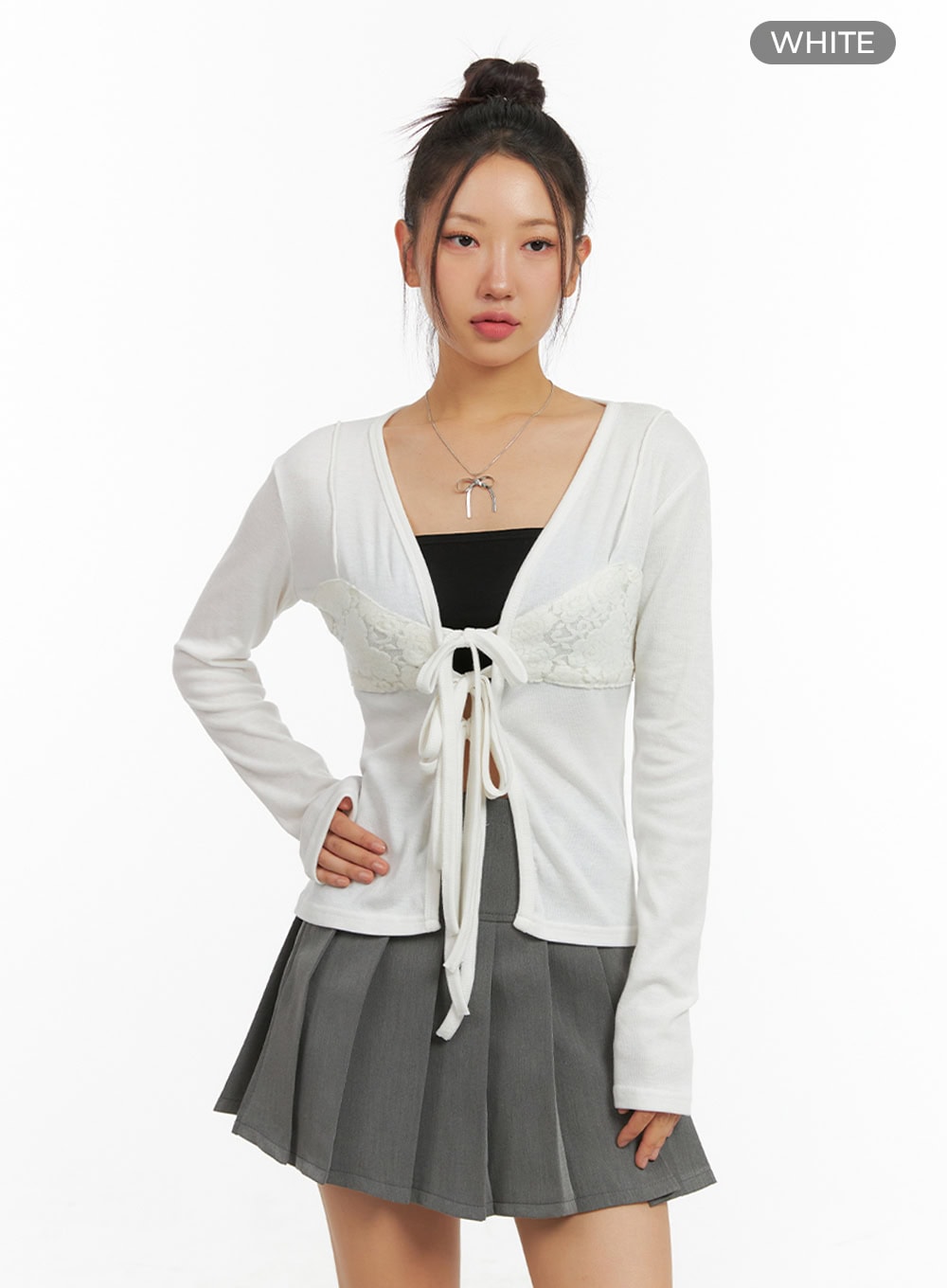 ribbon-strap-solid-cardigan-is402 / White