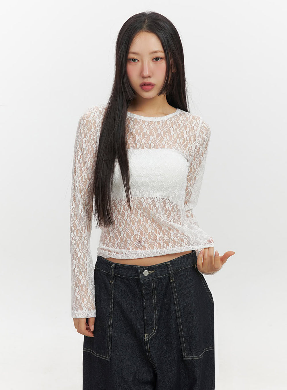 sheer-lace-long-sleeve-top-if510 / White