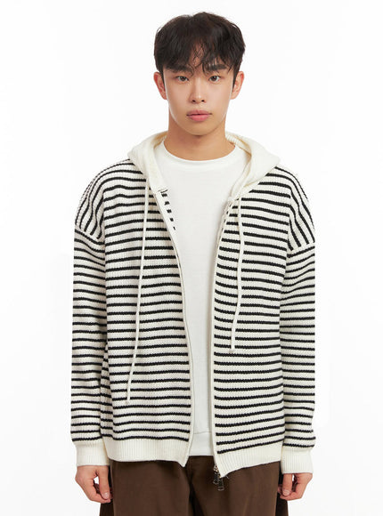 mens-kniited-stripe-zip-up-hooded-jacket-id427 / White