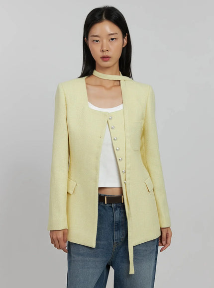 tweed-square-neck-jacket-scarf-set-ij508 / Yellow