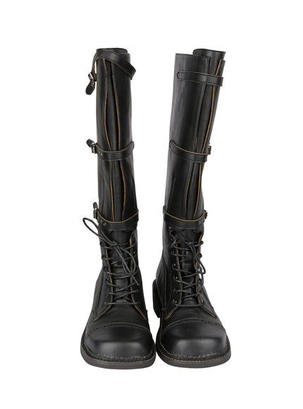 Lace-Up Buckle Faux-Leather Long Boots IF510