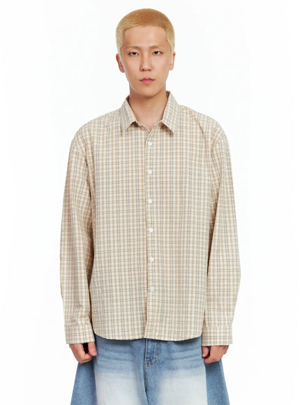 mens-plaid-button-up-shirt-il514 / Beige