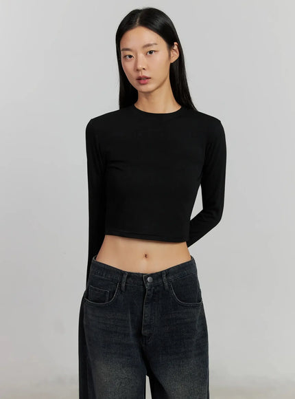 fleece-crewneck-cropped-long-sleeve-tee-ij502 / Black