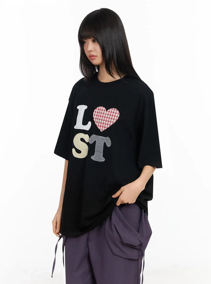 plaid-lost-graphic-oversized-t-shirt-ia523 / Black
