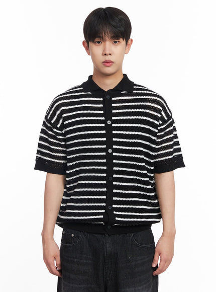 mens-buttoned-short-sleeve-sweater-iy522 / Black