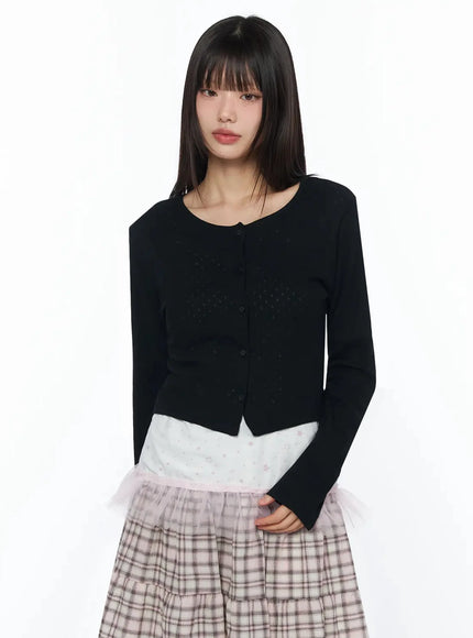 round-neck-eyelet-cropped-cardigan-iy526 / Black