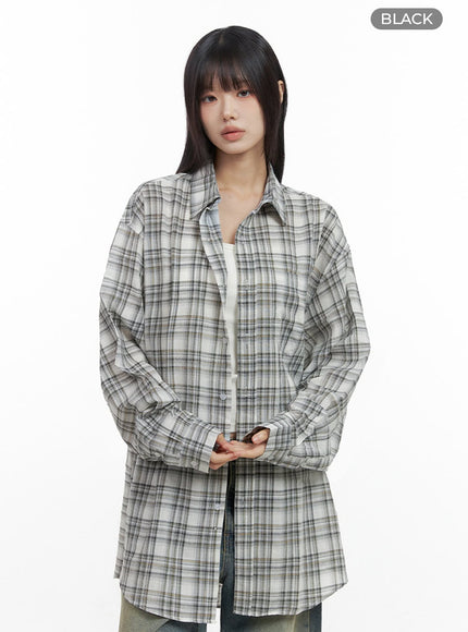 checkered-cotton-oversized-shirt-io430 / Black