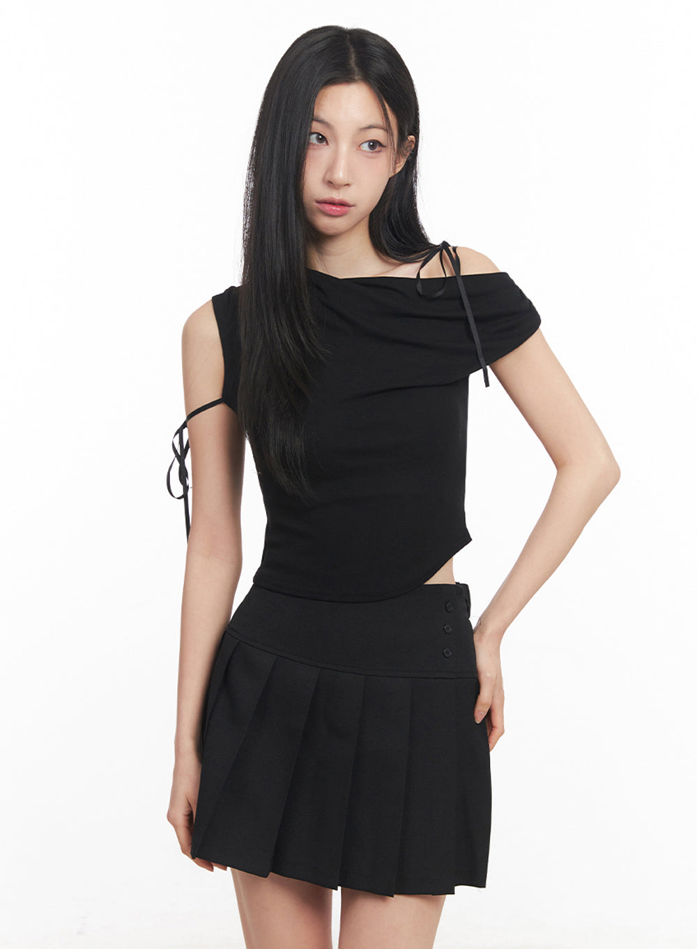 ribbon-one-shoulder-crop-top-iy516 / Black