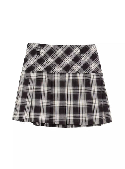 high-waisted-plaid-pleated-mini-skirt-io527 / Black