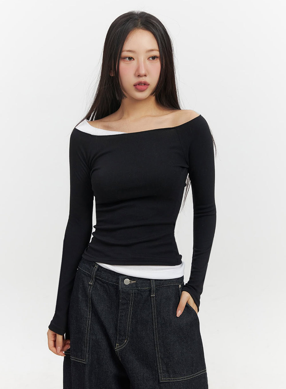 Off-Shoulder Asymmetric Long-Sleeve Top IF510