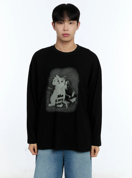 mens-cat-graphic-long-sleeve-t-shirt-ig515 / Black