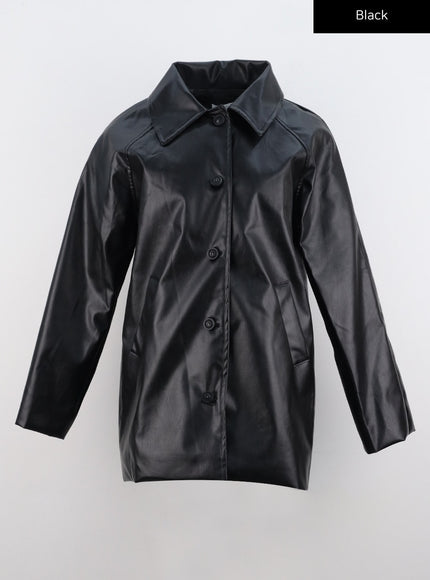 faux-leather-button-down-jacket-io320 / Black