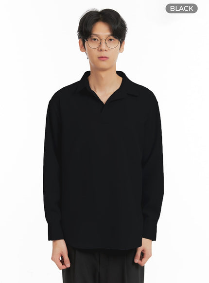 mens-solid-v-neck-long-sleeve-shirt-ia401 / Black