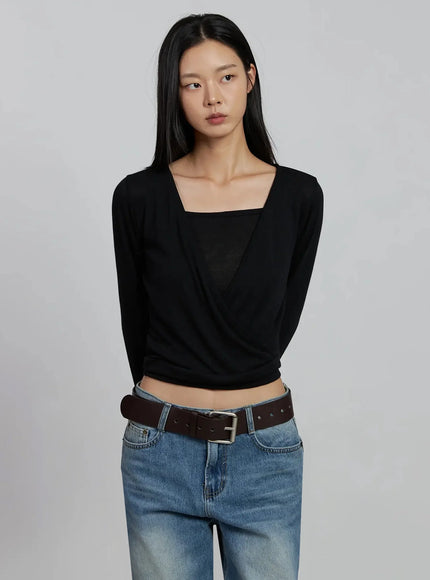 casual-wrap-v-neck-top-set-im520 / Black