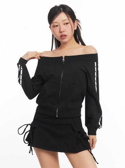 heart-off-shoulder-zip-up-jacket-ia524 / Black