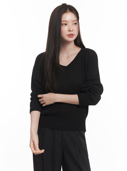 sheer-v-neck-sweater-top-iy509 / Black