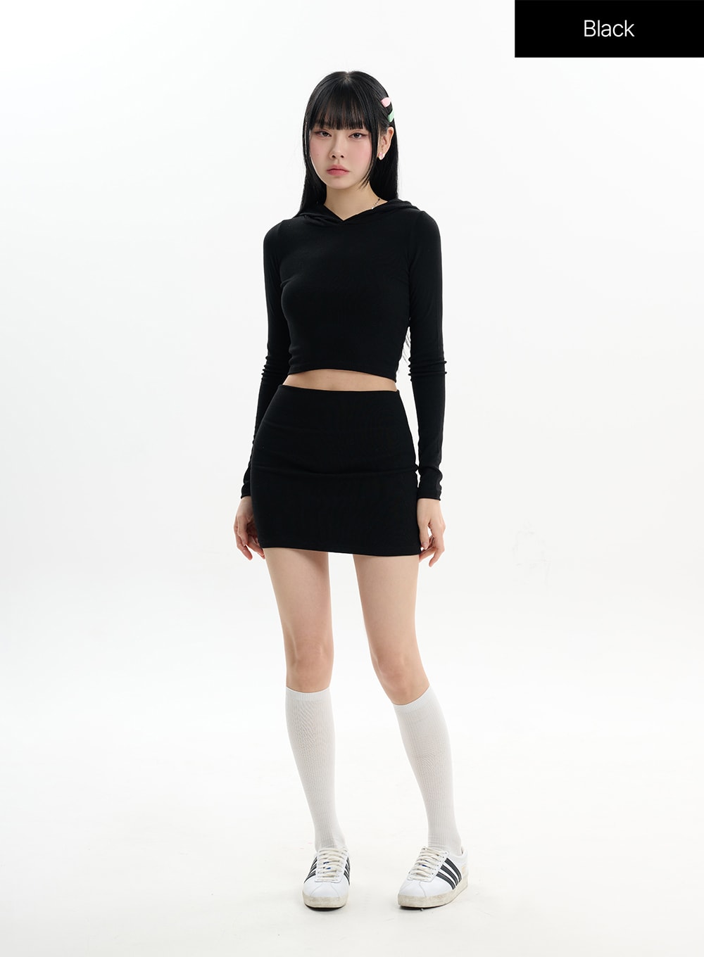 solid-long-sleeve-hoodie-mini-skirt-set-if413 / Black