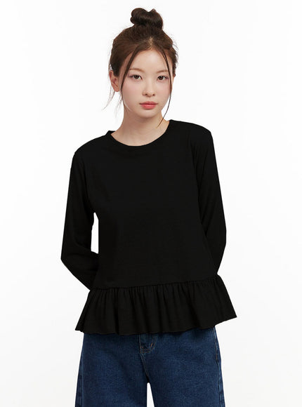 elegant-frill-long-sleeve-top-ij530 / Black