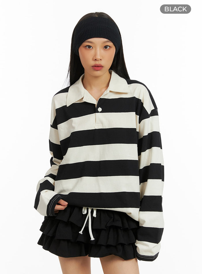 collar-stripe-oversized-polo-shirt-ia417 / Black