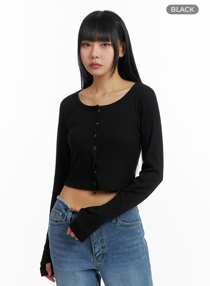 round-neck-buttoned-long-sleeve-top-im414 / Black