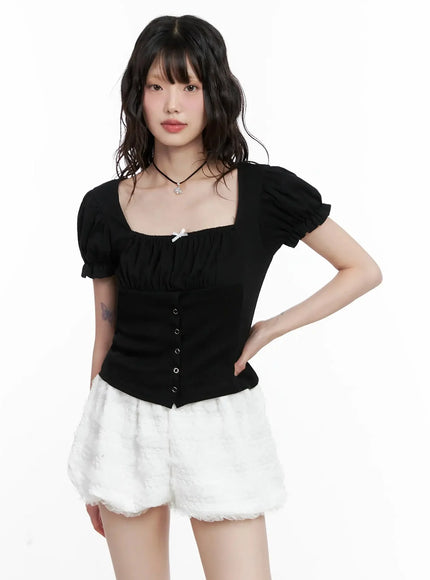 ribbon-detail-puff-sleeve-top-il528 / Black