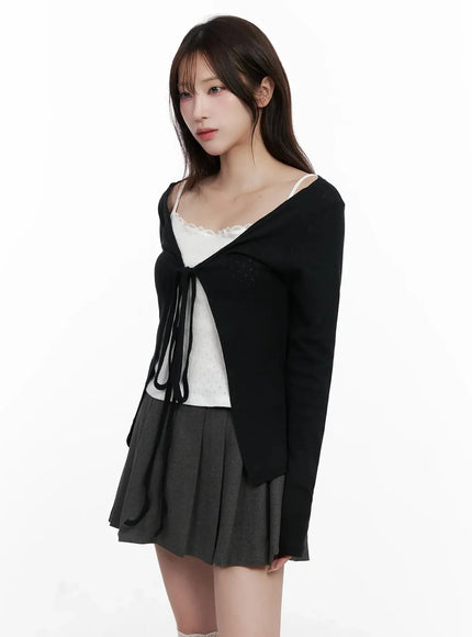 elegant-tie-front-ribbon-cardigan-in514 / Black