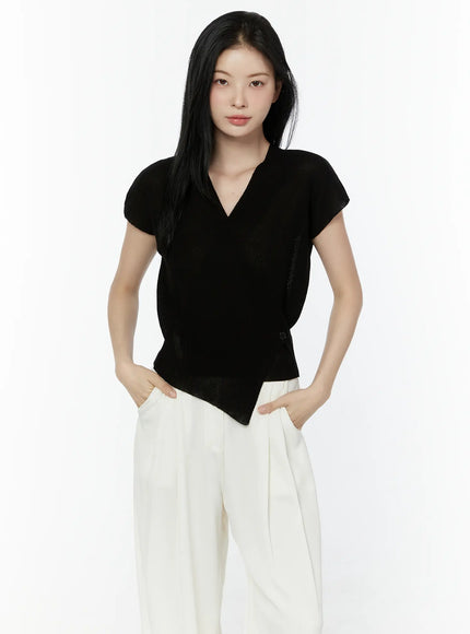 v-neck-button-wrap-short-sleeve-knit-top-iu503 / Black