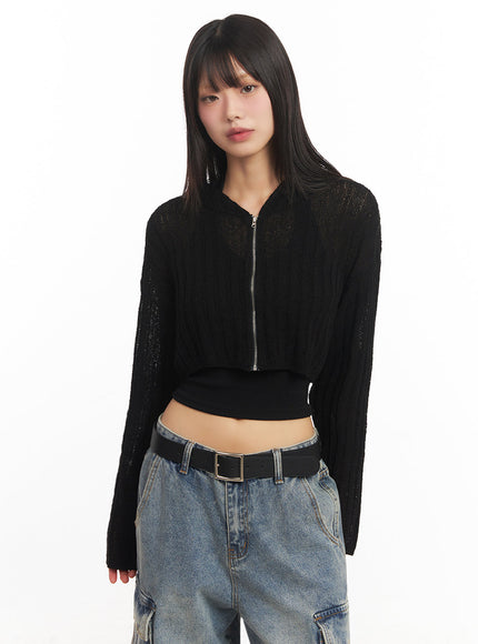 Zip-Up Sheer Hooded Cardigan IA528