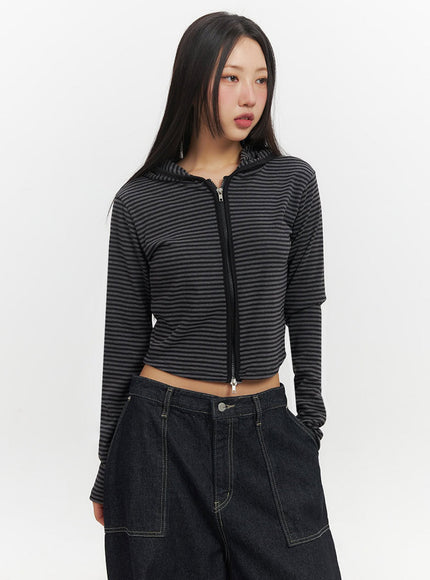 Striped Zip-Up Hooded Crop Jacket IF510