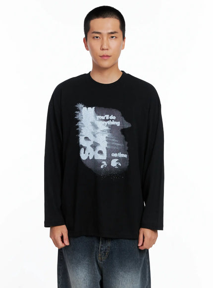 mens-retro-print-oversized-long-sleeve-shirt-is509 / Black