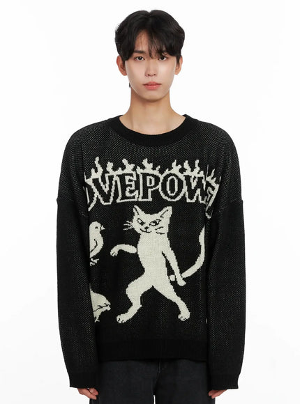 mens-oversized-graphic-knit-sweater-io517 / Black