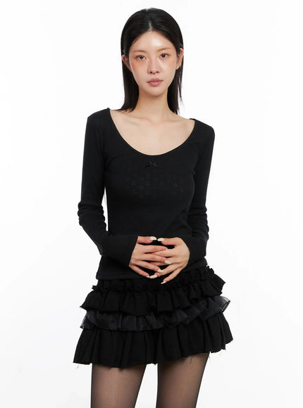 Scoop Neck Ribbed Long Sleeve Top IS508