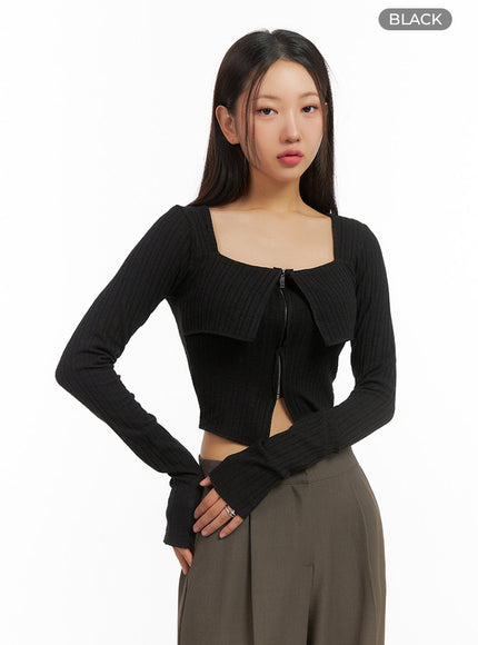 slit-zip-up-square-neck-crop-top-is402 / Black