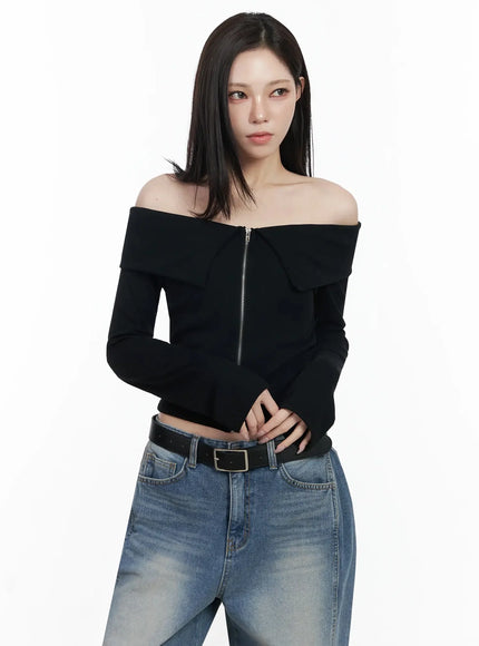 ribbed-off-shoulder-zip-up-tee-ij528 / Black