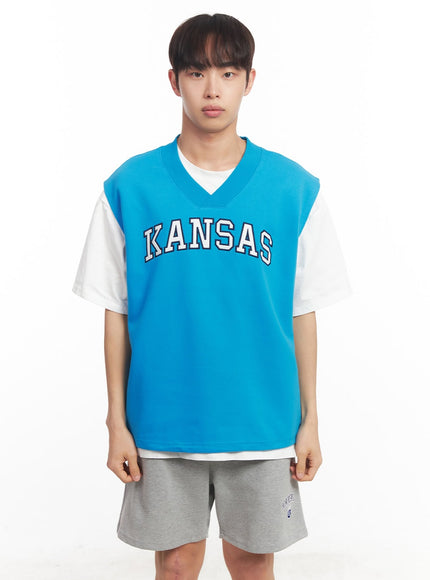 mens-embroidered-cotton-v-neck-vest-ia518 / Blue