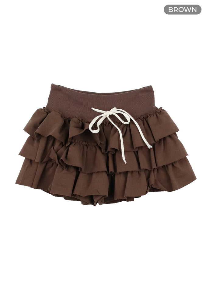 string-waist-ruffle-mini-skirt-ia417 / Brown