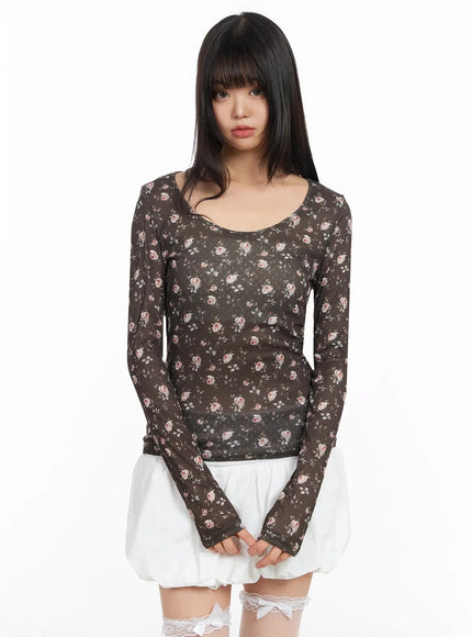 floral-slim-long-sleeve-tee-ia523 / Brown