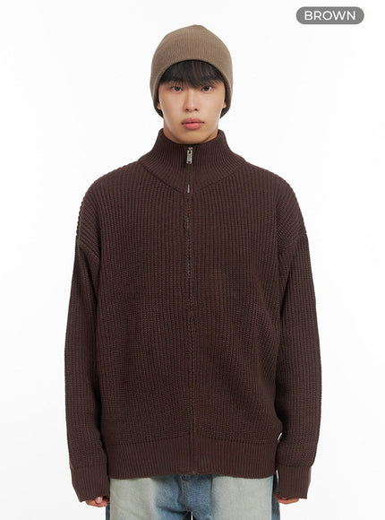 mens-turtle-neck-cable-zip-up-knit-io420 / Brown